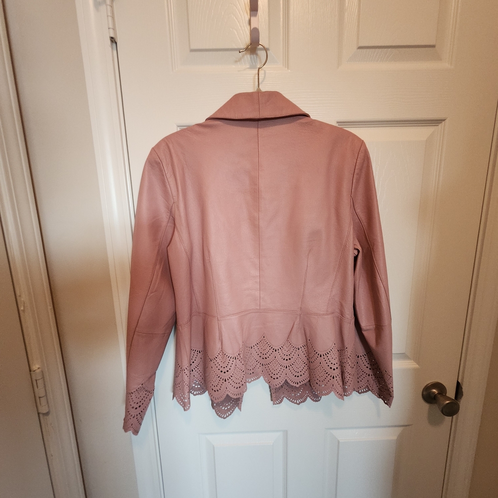 Women's Pink Faux Leather Laser-Cut Hem Jacket
